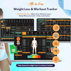 Pode incluir: Uma mulher mede sua cintura com uma fita métrica, com três laptops exibindo uma interface de rastreamento de perda de peso e treino. A interface inclui um construtor de treino, medições corporais e mais de 100 exercícios. O texto diz "All in One Weight Loss & Workout Tracker."