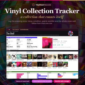 Könnte beinhalten: Ein digitales Dashboard mit dem Titel Vinyl Collection Tracker von TidySheet Records, das eine Inventaroberfläche für Schallplatten mit einem Raster aus Albumcovern, statistischen Daten und Diagrammen vor einer bunten Discokugel zeigt.