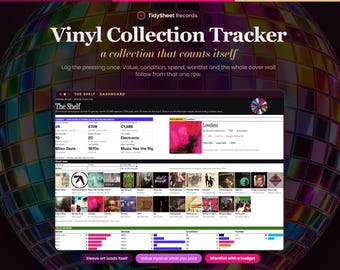 Hoja de cálculo de Google para el seguimiento de la colección de discos de vinilo / Panel de portadas, clasificación del estado, lista de deseos y valor / Hoja de cálculo para coleccionistas de discos