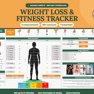 Weight Loss Tracker Google Sheets | Workout Planner, Body Measurement & Fitness Spreadsheet, Exercise Log, Weight Loss Journal