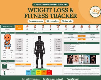 Weight Loss Tracker Google Sheets | Workout Planner, Body Measurement & Fitness Spreadsheet, Exercise Log, Weight Loss Journal