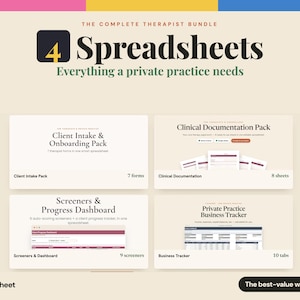 May include: A digital bundle titled The Complete Therapist Bundle 4 Spreadsheets Everything a private practice needs. It includes four sections: Client Intake & Onboarding Pack, Clinical Documentation Pack, Screeners & Progress Dashboard, and Private Practice Business Tracker.