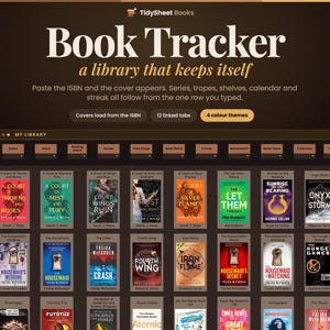 Peut inclure: Une interface numérique de suivi de livres intitulée TidySheet Books, présentant un tableau de bord de gestion de bibliothèque avec des colonnes pour l'auteur, le genre et le statut. L'affichage montre une grille de couvertures de livres.