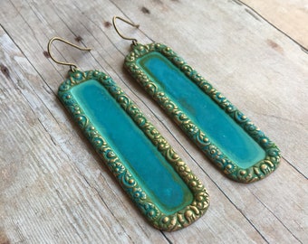 Large Art Deco Earrings Verdigris Patina Jewelry