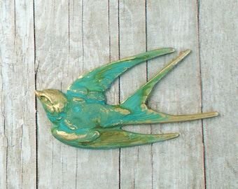 Swallow Bird Brooch Sparrow Pin Turquoise Verdigris Jewelry