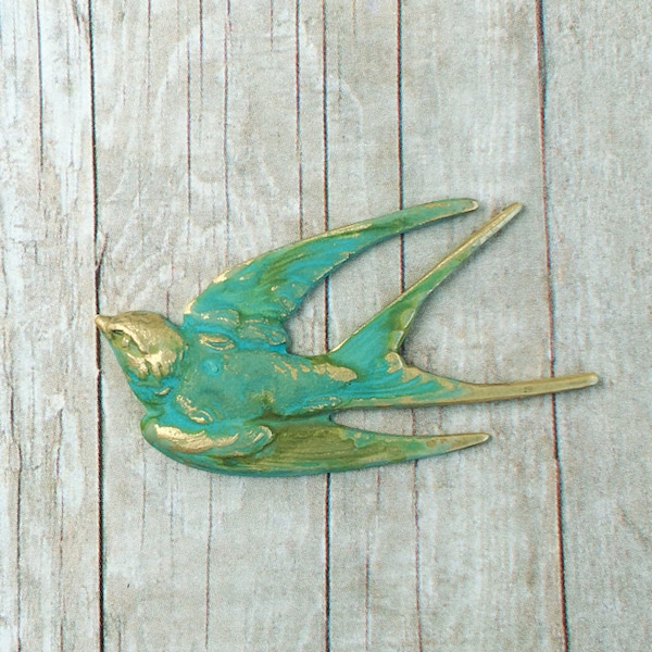 Swallow Bird Brooch Sparrow Pin Turquoise Verdigris Jewelry