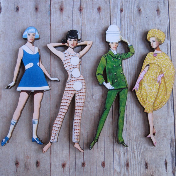 Paper Doll Brooch 1960's Wood Retro Mid Century Modern Fashionista Fashion Jewelry Vogue