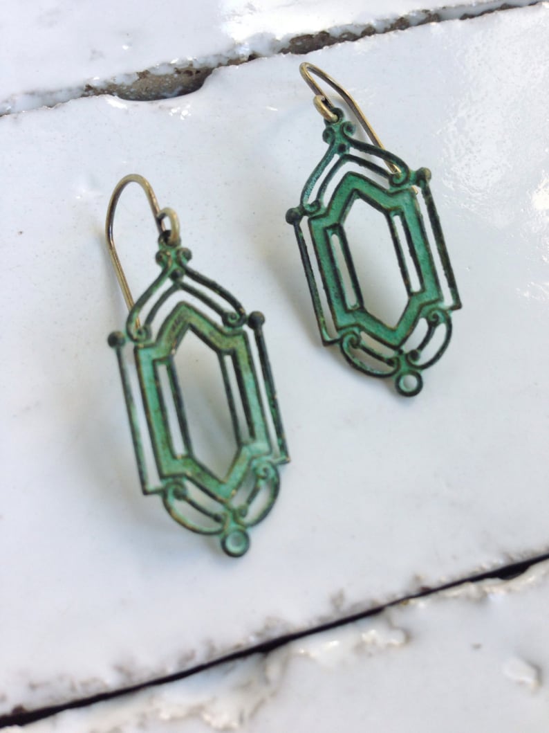 Art Deco Earrings Verdigris image 3