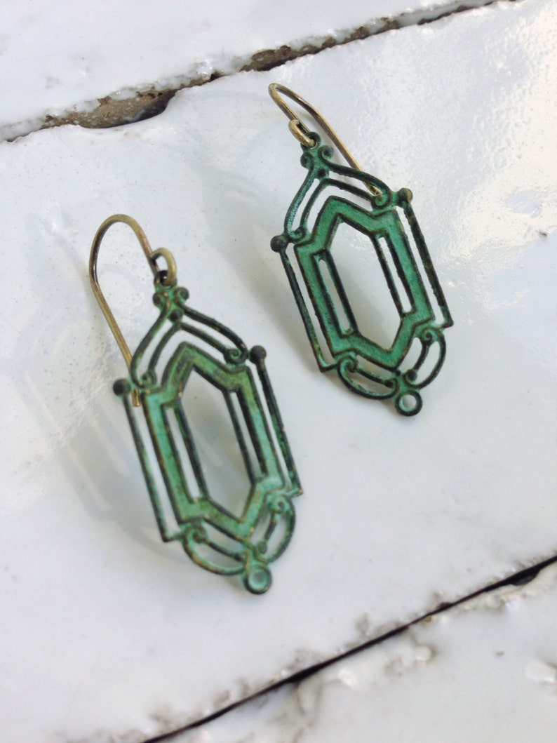 Art Deco Earrings Verdigris image 4