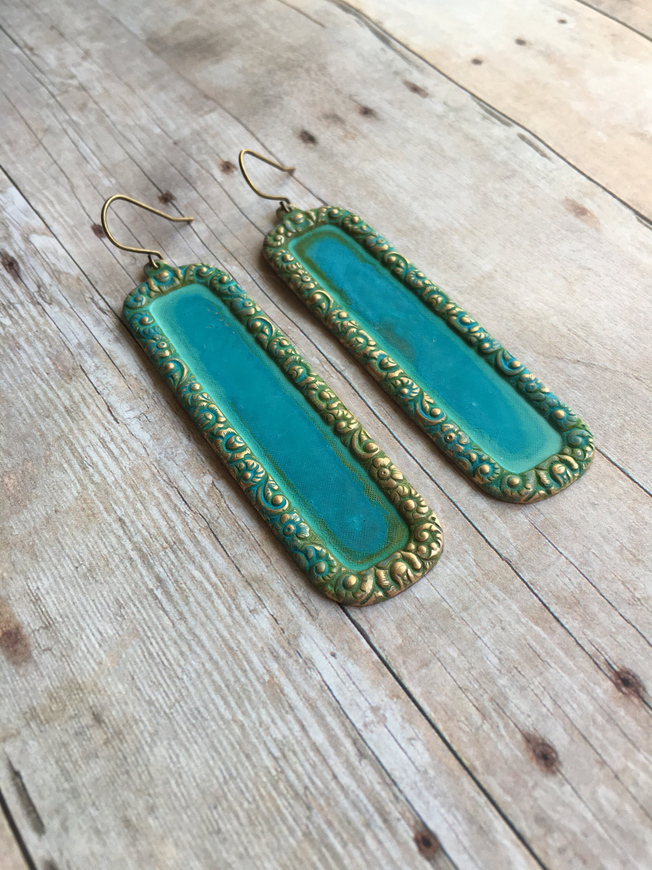 Large Art Deco Earrings Verdigris Patina Jewelry