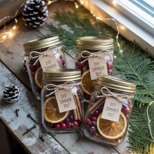 May include: Four clear glass mason jars with gold lids, each filled with dried orange slices, cinnamon sticks, and red cranberries. Each jar features a tan paper tag tied with twine that reads DIY SIMMER POT in black text.