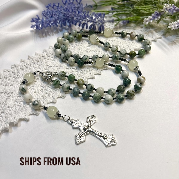 Tree Agate St Rita Catholic Rosary Necklace, Italian Silver Crucifix, Healing Prayer Beads