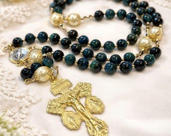 Blue Tiger Eye Catholic Rosary Necklace - Miraculous Medal, Gold Pardon Crucifix, Confirmation Gift for Her