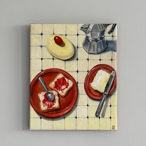 Breakfast Still Life Oil Painting Original, Moka Pot and Toast Canvas, Morning Coffee Kitchen Art, Tiled Table Food Decor 10x12