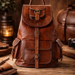 Pode incluir: Uma mochila de couro castanho com uma alça superior, uma aba principal com fecho de fivela e um bolso menor com fivela na aba. A bolsa inclui dois bolsos laterais e um bolso frontal grande, todos fixados com tiras e fivelas de metal.