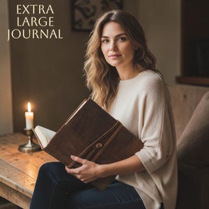 May include: A large brown leather journal with a strap closure. The journal is open, revealing the pages inside. The text "EXTRA LARGE JOURNAL" is in the upper left corner. The person in the image is wearing a cream-coloured jumper and dark blue jeans.