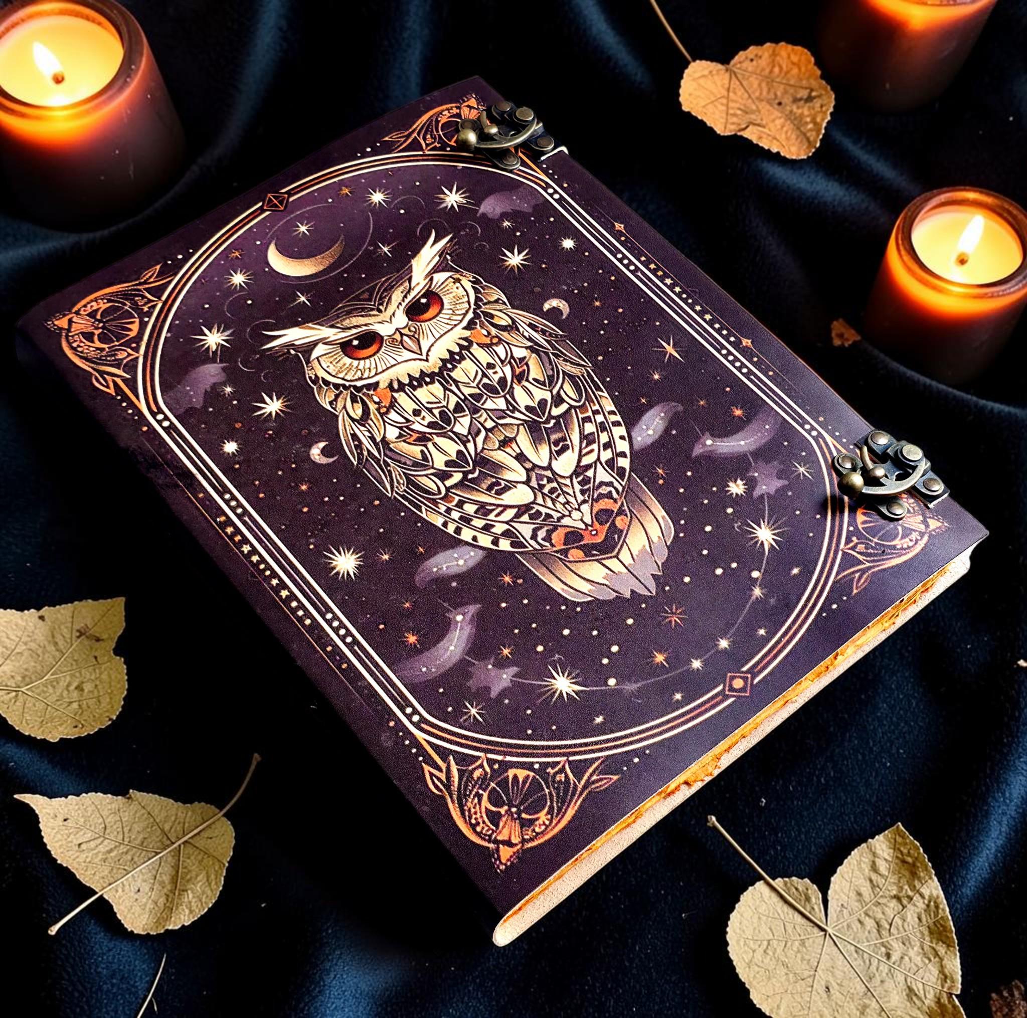 Handmade Owl Leather Journal with Lock, Vintage Grimoire