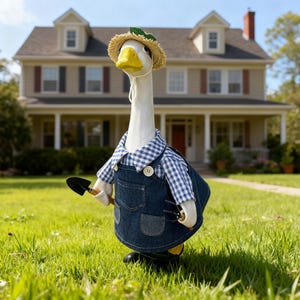 23 Inch Garden Goose Costume with Blue Checkered Shirt, Jean Apron, Trowel & Rake for Outdoor Yard Display
