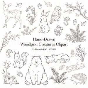 Pode incluir: Uma coleção de criaturas da floresta e elementos naturais desenhados à mão com tinta castanho-escura sobre um fundo claro. O conjunto inclui um veado, coelho, coruja, esquilo, urso, raposa, ouriço, cogumelos, bolotas, fetos, flores e um tronco de árvore.
