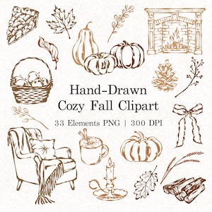 Op de afbeelding: Een verzameling bruine lijntekeningen met een stuk taart, esdoornblad, pompoenen, open haard, appelmand, dennenappel, fauteuil met plaid, mok, kaars, strik, tarwe en brandhout. Tekst: Hand-Drawn Cozy Fall Clipart 33 Elements PNG | 300 DPI.
