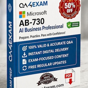 Op de afbeelding: Een wit boek met de tekst "QA4EXAM" en "Microsoft AB-730 AI Business Professional". Het heeft een rode "50% OFF" zegel en een groene "Certified Material" badge. Het boek belooft 100% geldige vragen en antwoorden en directe digitale levering.