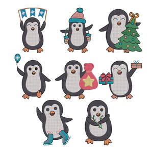 Può includere: Una collezione di otto disegni di pinguini ricamati con vari temi natalizi. I pinguini sono raffigurati con corpi bianchi e neri, zampe arancioni e accessori tra cui uno striscione, un berretto invernale, un albero di Natale, un palloncino, un sacco regalo, pacchetti, pattini da ghiaccio e rametti di agrifoglio.