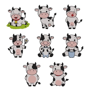 May include: A collection of eight cartoon cow illustrations featuring black and white spotted patterns, pink muzzles, and various poses including sitting on green grass, holding a flower, drinking from a cup, and holding a blue bucket.