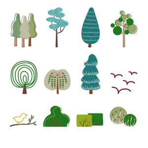 Puede incluir: Una colección de doce parches bordados que muestran varios árboles verdes, un pequeño pájaro amarillo sobre una rama y cuatro pájaros rojos volando. Los diseños incluyen formas diversas como follaje circular, cónico y en capas.