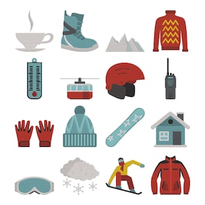 Winter Sports Gear Embroidery Design - Resort Equipment Embroidery Design - Snowboarding Icons Machine Embroidery Design Files - 8 Sizes
