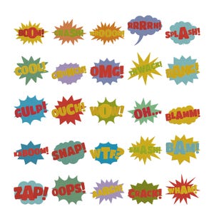May include: A collection of colorful comic book sound effects, including "BOOM!", "CRASH!", and "SPLASH!", each within a starburst-shaped speech bubble. The text is in bold, with various colors like yellow, red, and blue.