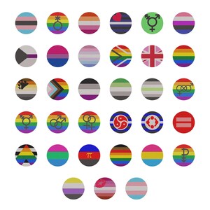 May include: A collection of thirty-two circular icons featuring various pride flags and symbols, including stripes in diverse color combinations, gender symbols, a paw print, a heart, the pi symbol, and an equals sign, arranged in a grid pattern.