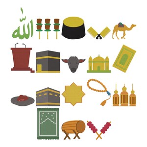 May include: A collection of colorful, flat-style illustrations featuring Islamic symbols and objects. Includes a mosque, Kaaba, camel, prayer rug, and other religious and cultural icons. The word "Allah" is written in green.