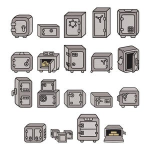 Puede incluir: Ilustración de varias cajas fuertes grises de diferentes formas y tamaños. Algunas cajas fuertes están abiertas, revelando lingotes de oro en su interior. Las cajas fuertes tienen diferentes mecanismos de cierre, incluyendo diales, manijas y cerraduras.
