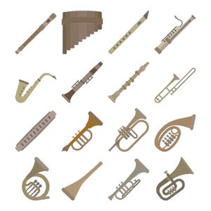 May include: An assortment of musical instruments, including a flute, pan flute, clarinet, saxophone, trombone, trumpet, and French horn, are depicted in a flat, illustrative style. The instruments are in shades of brown, tan, and gold, set against a white background.
