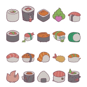 May include: A collection of illustrated sushi rolls and nigiri on a white background. The sushi pieces feature various fillings and toppings, including salmon, shrimp tempura, and wasabi. The style is cartoonish with a textured effect.