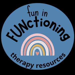 May include: A round, blue graphic with the words "FUNctioning" and "fun in" at the top, and "therapy resources" at the bottom. A rainbow with a heart in the center is in the middle of the graphic.