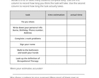 Time Estimation Worksheets | Executive Functioning Activities | Time Management Printable | Middle School OT Resource PDF