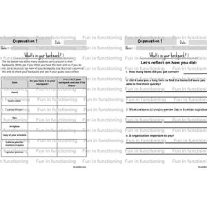 Könnte beinhalten: Ein weißes Arbeitsblatt mit dem Titel "Was ist in deinem Rucksack?" mit Lückentextfragen und einer Checkliste für Schulmaterialien. Das Arbeitsblatt soll Schülern helfen, ihre Rucksäcke zu organisieren.