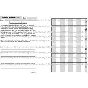 May include: A black and white weekly homework planner with the title "Planning and Prioritizing." The planner includes space for tasks, a list of tasks, and a calendar grid for each day of the week. Text includes "Prioritize your weekly tasks!"