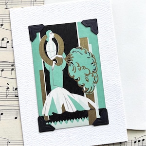 Vintage Art Deco Greeting Card: Featuring an Authentic Vintage Playing Card, 1920&#39;s,  Deco Silhouette, Flapper in Fancy Dress, 20’s Party