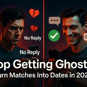 Könnte beinhalten: Zweiteiliges Bild mit zwei Männern und Handys. Einer ist traurig mit zerbrochenen Herzen, der andere lächelt mit Häkchen. Text enthält "Gesehen", "Keine Antwort" und "Datum geplant". Haupttext: "Hört auf, geghostet zu werden."