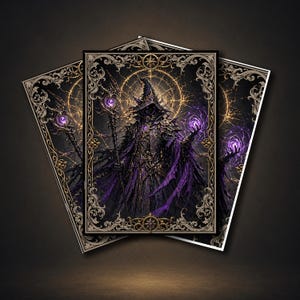 May include: Three fantasy art prints featuring a dark wizard in a black and purple robe, holding a staff and glowing purple orbs. The artwork has ornate gold and black borders and a celestial background.