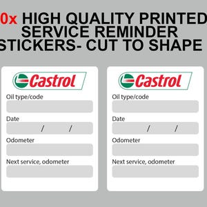 以下が含まれることがあります： Castrolのロゴが入った高品質なサービスリマインダーステッカー50枚セット。各白い長方形のステッカーには、オイルの種類、日付、走行距離計、次回のサービス走行距離を記入する欄があり、車両のメンテナンス記録に使用されます。