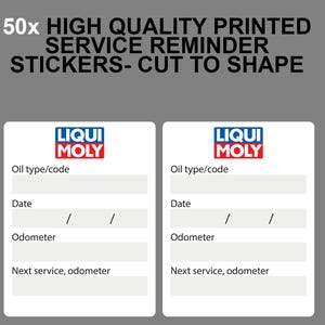 May include: A set of 50x high quality printed service reminder stickers cut to shape. Each white rectangular sticker features the Liqui Moly logo in blue and red, with fields for oil type/code, date, odometer, and next service odometer readings.