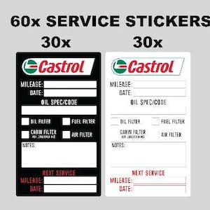 Op de afbeelding: Een set van 60 onderhoudsstickers met het Castrol-logo, bestaande uit 30 zwarte en 30 witte stickers. Elke sticker bevat velden voor kilometerstand, datum, oliespecificatie en selectievakjes voor olie-, brandstof-, interieur- en luchtfilters.