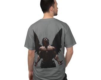 Fallen Angel Graphic T-Shirt | Muscular Winged Figure Back Print | Gym Fitness tee