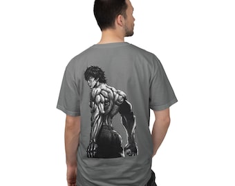 Muscular Anime Hero T-shirt | Black Ink Illustration | Gym Fitness Unisex Tee