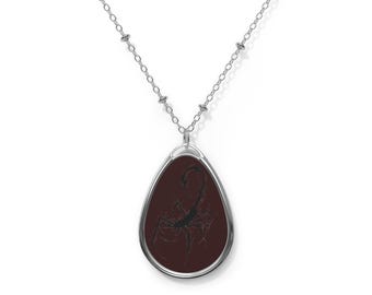 Black Scorpion Oval Necklace | Teardrop Pendant, Silver Chain