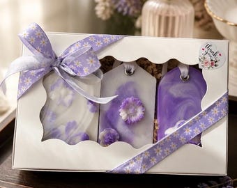 Cadeauset met geurzakjes lila sojawas | Handgemaakte bloemenwastabletten | Kamergeur | Cadeau voor haar | Woondecoraties | Klaar voor verzending