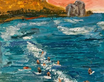 The Paddle Out - Sennelier oil pastel - Diamond Head, Oahu - Textured with Palette Knife - 9 x 12 in.